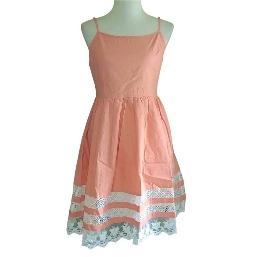 Peach Cotton Sundress White Lace Detail A Line Fit & Flare Esley Coquette Medium